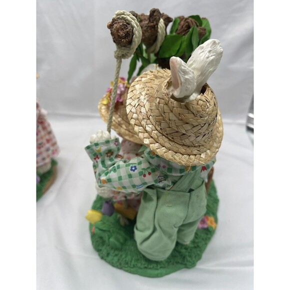 Set of 2 Spring Bunnies Fabric Mache Swinging & Picnicking Easter Spring w/Box - Picture 8 of 16